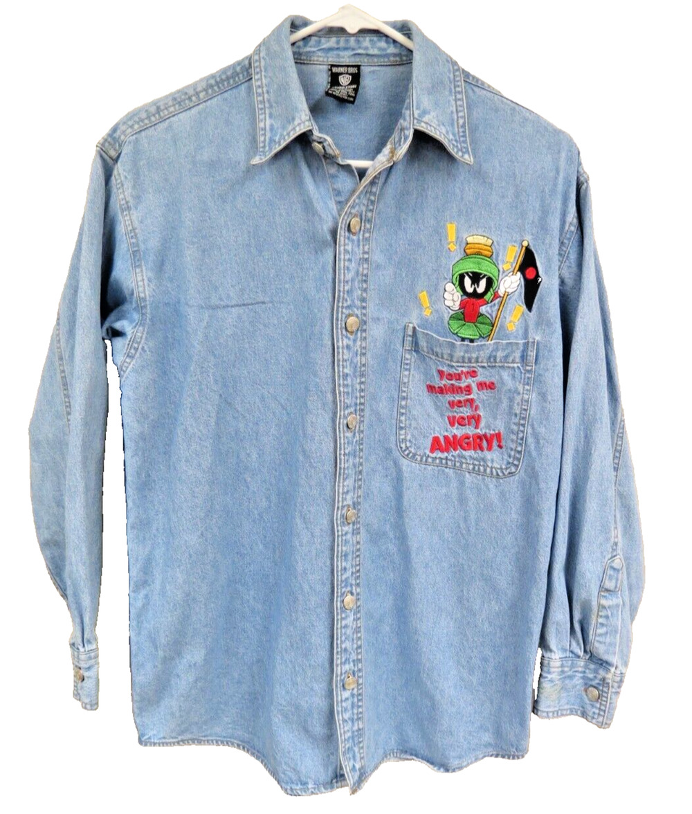 Vtg 90s Looney Tunes Marvin Martian Denim Shirt Womens Girls XS Embroidered